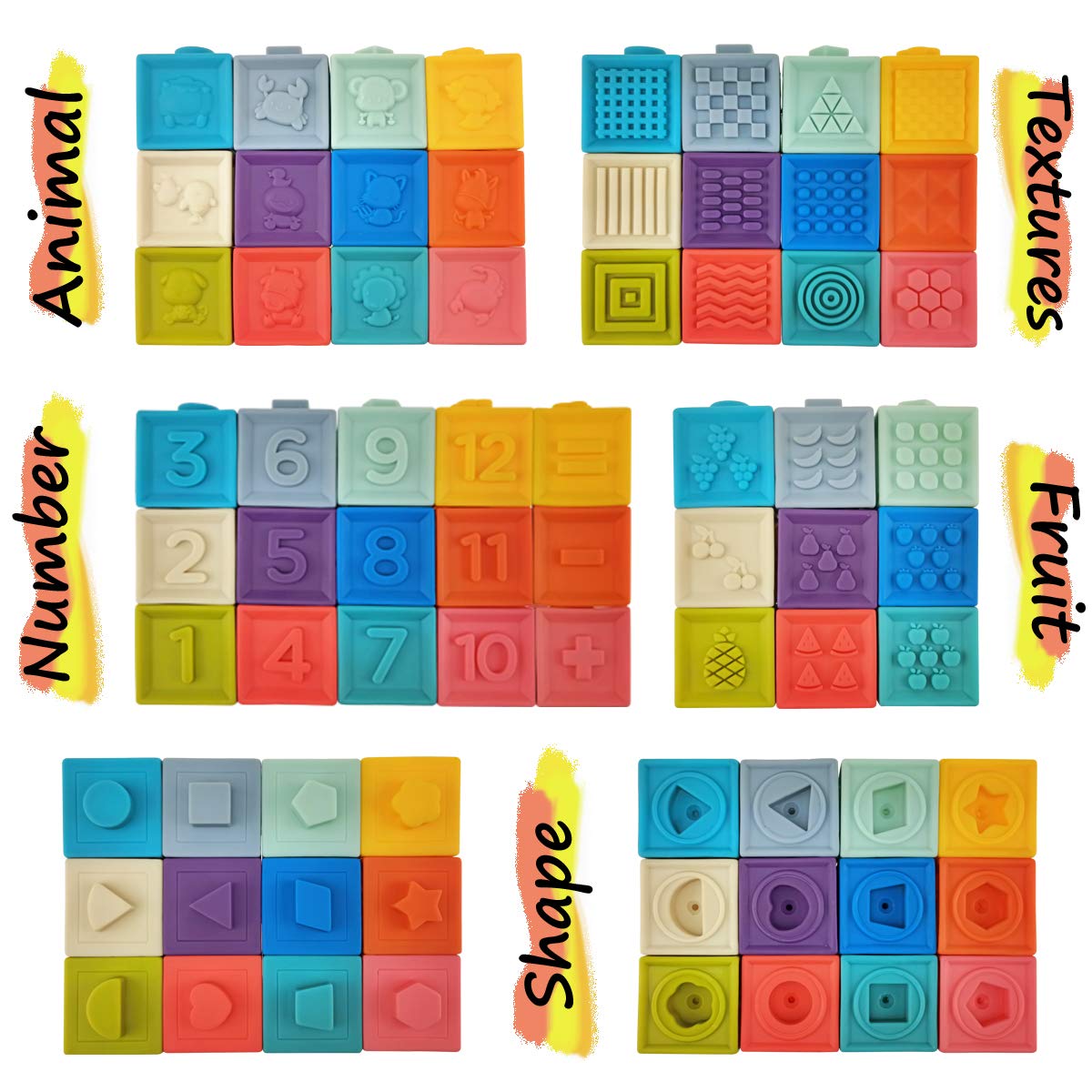 Soft Stacking Blocks For Baby Infant And Toddler, Baby Building Blocks, Teething Chewing Toys, Educational Baby Toys With Numbers, Shapes, Animals, Fruits & Textures For 0 - 3 Years Old, Pack Of 12