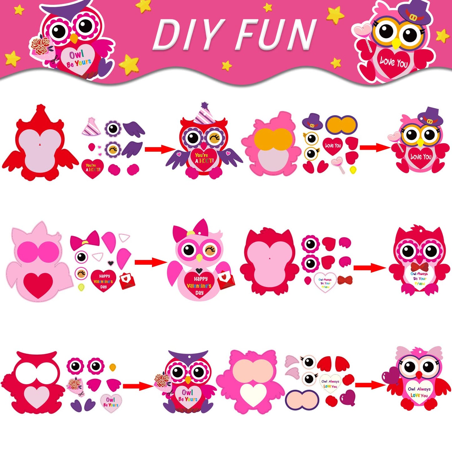Chiazllta 30 Pcs Valentine'S Day Craft Kits Diy Owl Craft For Kids Valentine'S Heart Craft Make Your Own Owl Bulk Set For Home C