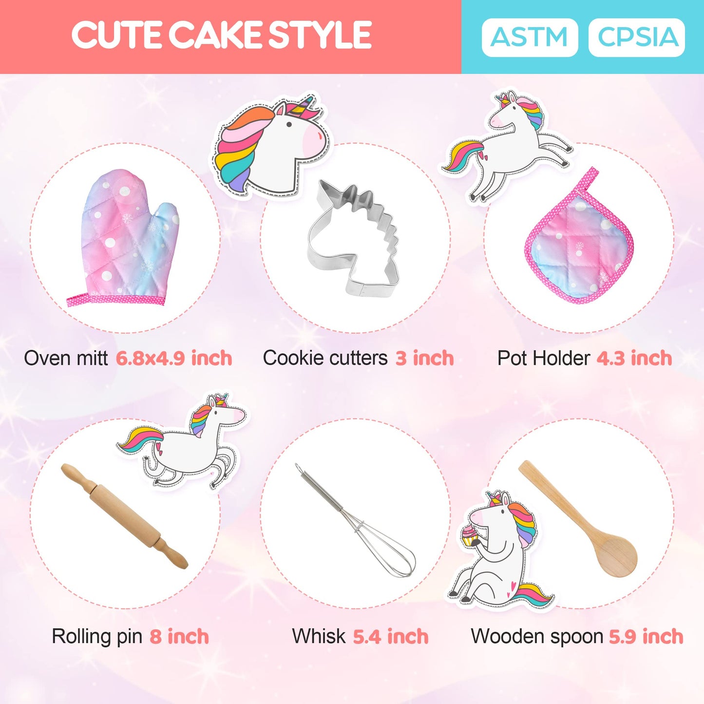 Vanmor Unicorn Kids Cooking and Baking Sets, 11Pcs Kids Aprons for Girls, Kids Chef Hat and Pink Apron, Mitt & Utensil for Toddl