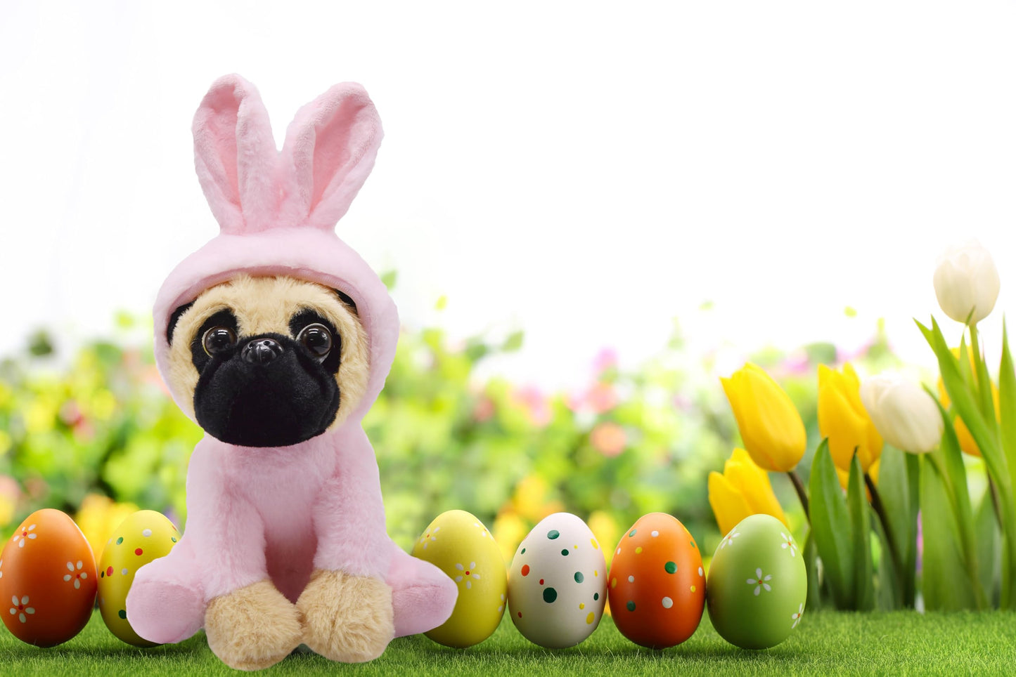 YONLIT Adorable Pug Stuffed Animal Dressed in a Pink Bunny Outfit, Super Cute and Soft Plush Puppy for Easter Gifts or Dog Lover
