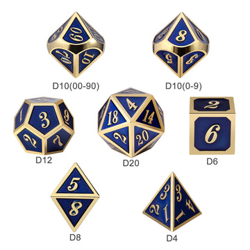 Set of 7 Metal Dice Set with Storage Box - Royal Blue with Gold Numbers - Includes D4, D6, D8, D10, D12, D20 and D% by SciencePu