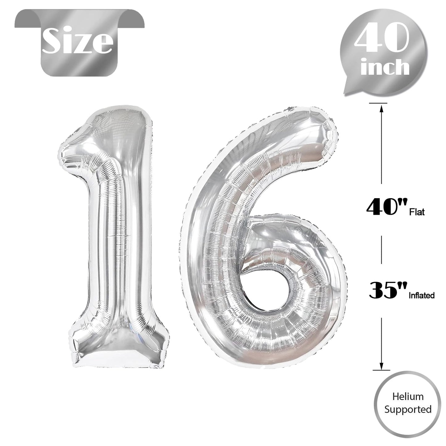 16 Balloon Number, Silver Number 16Th Birthday Balloons 40 Inch, Sweet 16 Years Old Silver Birthday Decorations For Boys Girls,