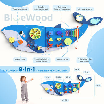 Bluewood Whale Wall Busy Board Panels, Toddler Learning Activity Center, Montessori Sensory, Educational Toys, Conducive To All-