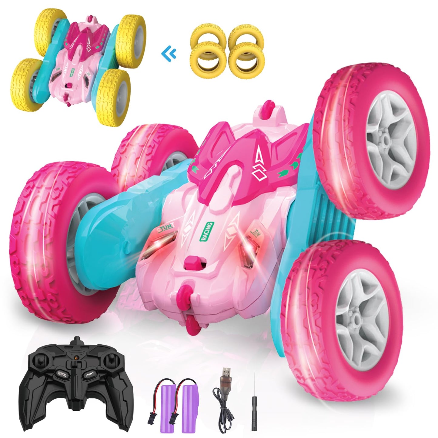 seveclotree Remote Control Car for Kids,360Rotating Double Sided RC Cars,4WD 2.4Ghz Stunt Car Toys with Headlights,Birthday Gift