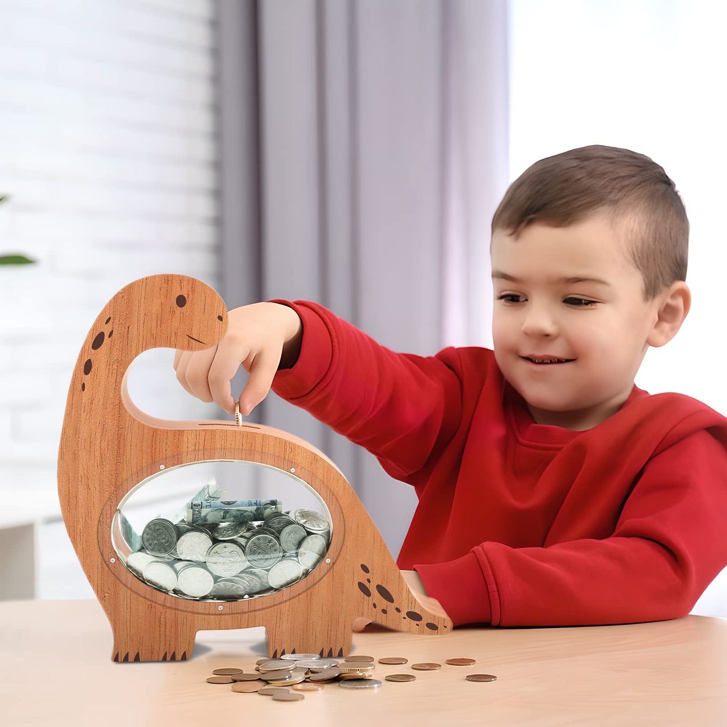 Wooden Clear Dinosaurs Piggy Bank For Boys Girls Kids, Large Unbreakable Wood Money Bank, Cute Coin Bank Creative Saving Bank For Christmas Birthday Gift Baby Shower (Brachiosaurus)…