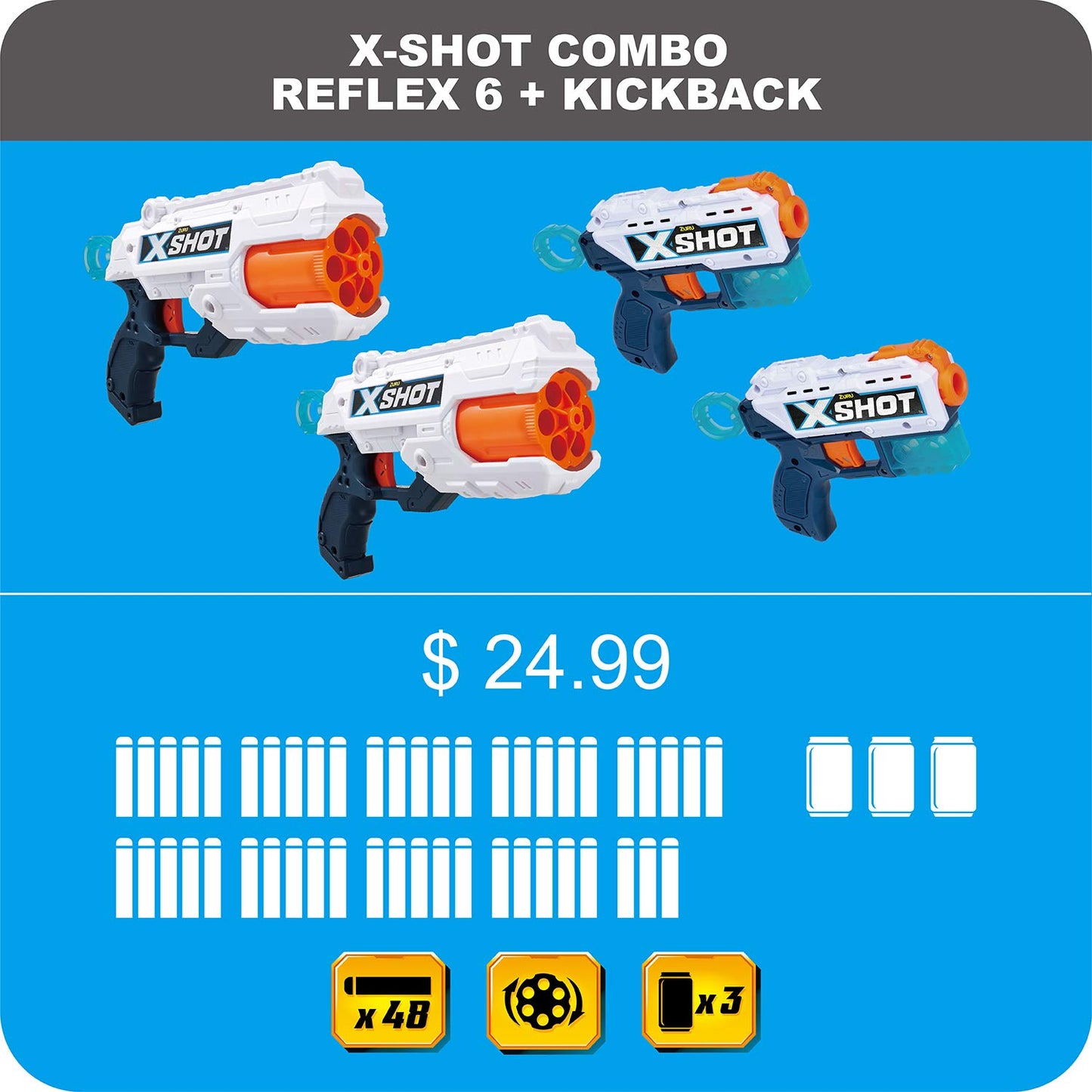 Xshot Excel Double Kickback Double Reflex 6 Foam Dart Blaster Combo Value Pack (48 Darts, 3 Cans) By Zuru, 36354