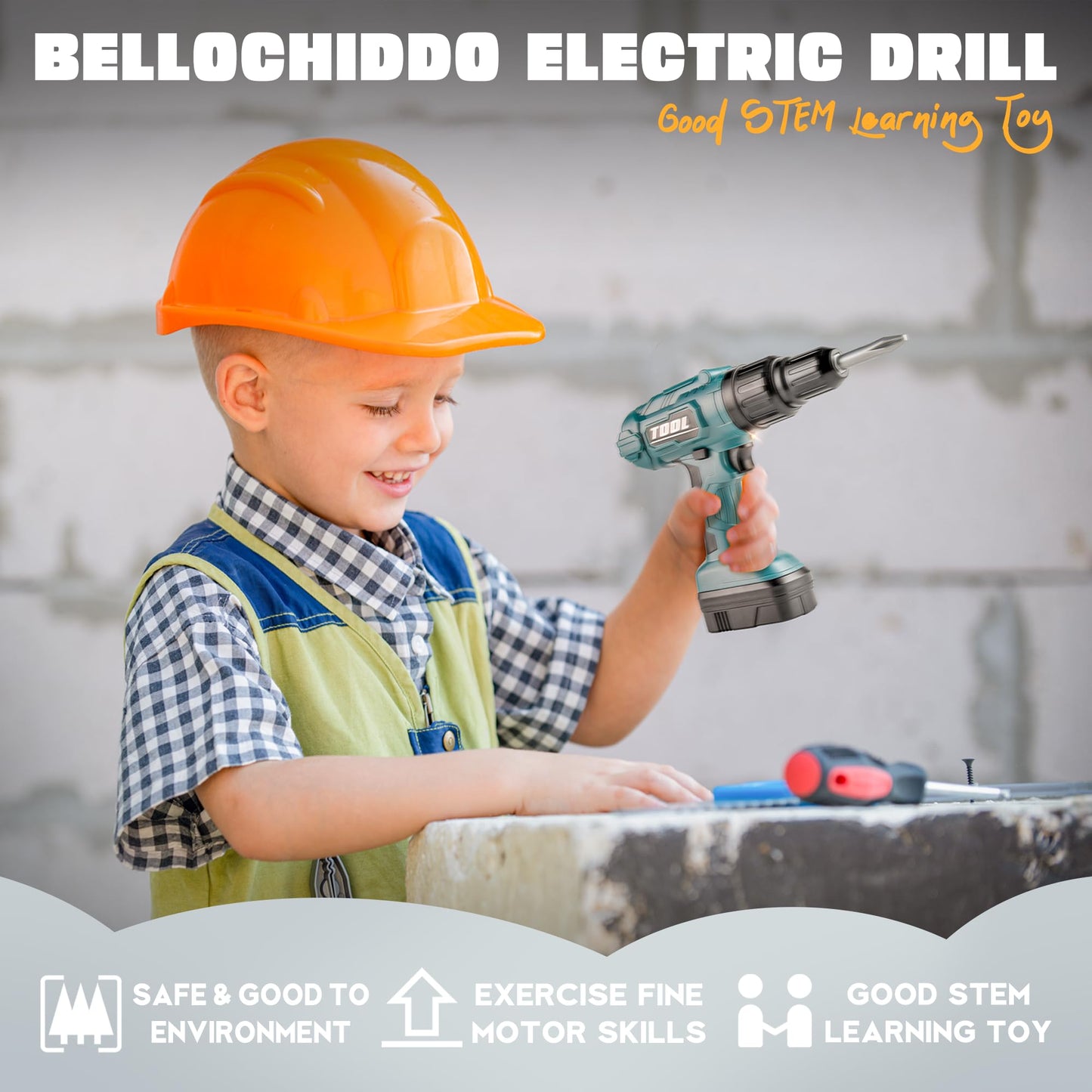 BELLOCHIDDO Electric Toy Drill - Pretend Play Power Tools Set - Construction Toddler Tool Set with Realistic Light, Sound & Acti