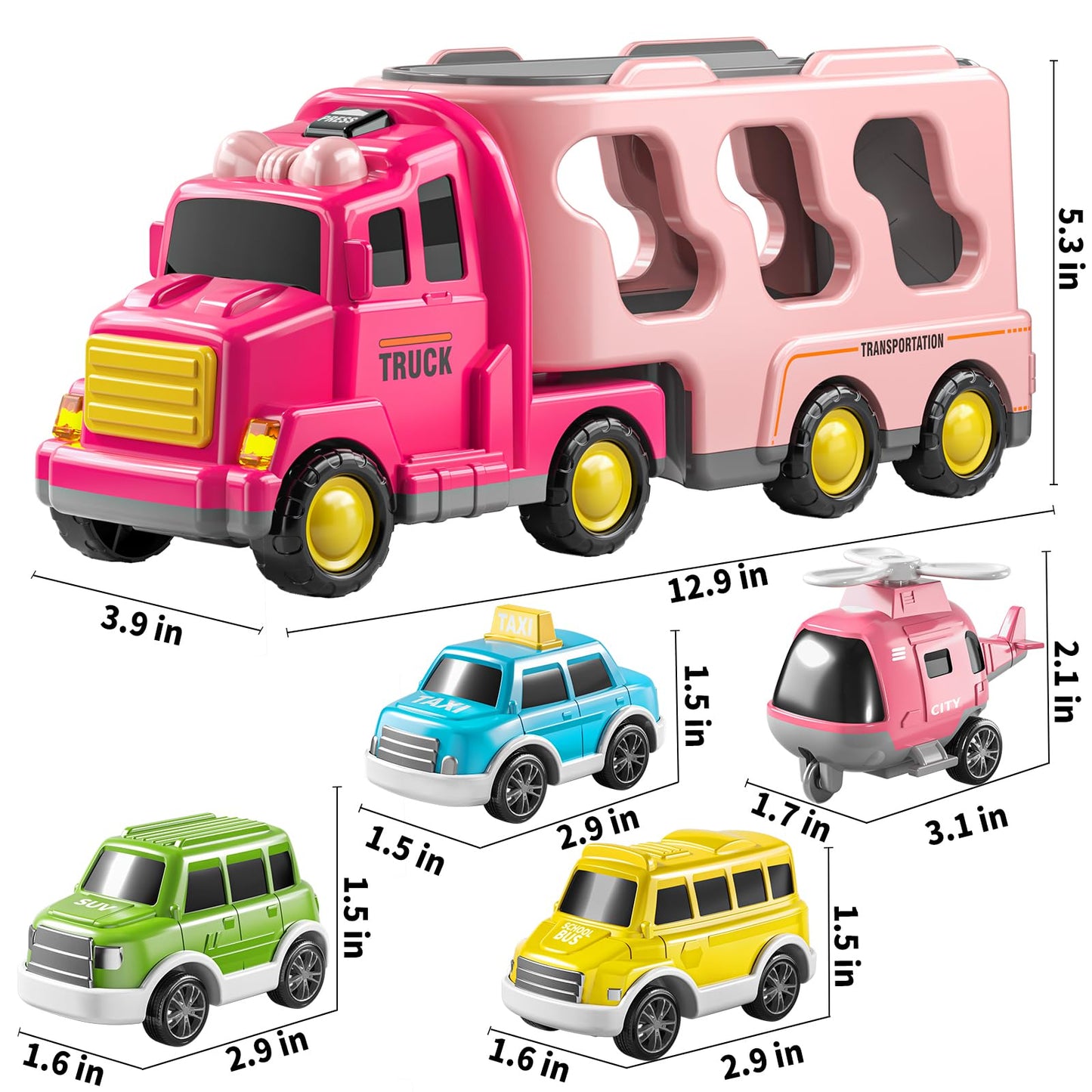 Temi Girls Toddler Truck Toys For 3 4 5 6 Year Old Girls, 5-In-1 Friction Powered Vehicle Car Toy For Toddlers 3-6, Carrier Toys For Kids 3-5, Christmas Birthday Gifts For Girls Age 3-9
