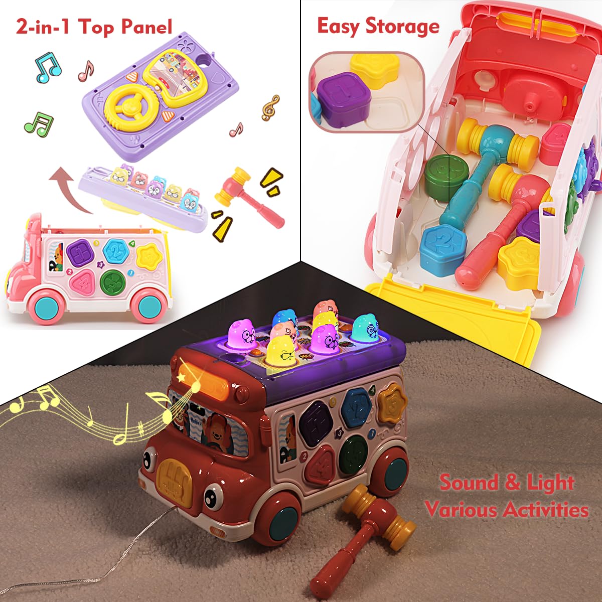 Music Activity Bus Baby Toy, Infant Education Learn Car, Sound & Light, Interactive Game, Shape Sorter, Animal Matching, Holiday Birthday Present For Toddler Kid Boy Girl 3 4 5 6 7 Years (Pink)