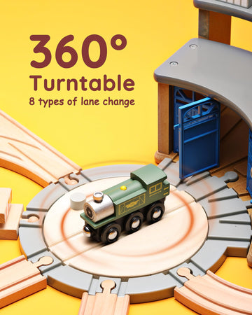 SainSmart Jr. Wooden Train Track with Roundhouse - Railway Toy for Toddlers, Double-Side Tracks Compatible with with All Major B