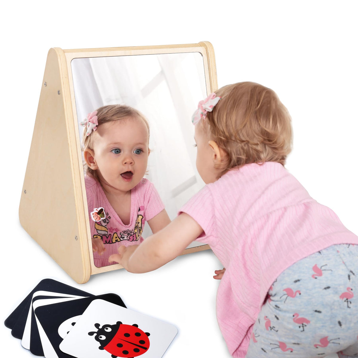 Krand Baby DoubleSided Tummy Time Mirror With High Contrast Visual Stimulation Cards, Sensory Activity Montessori Toys For 018