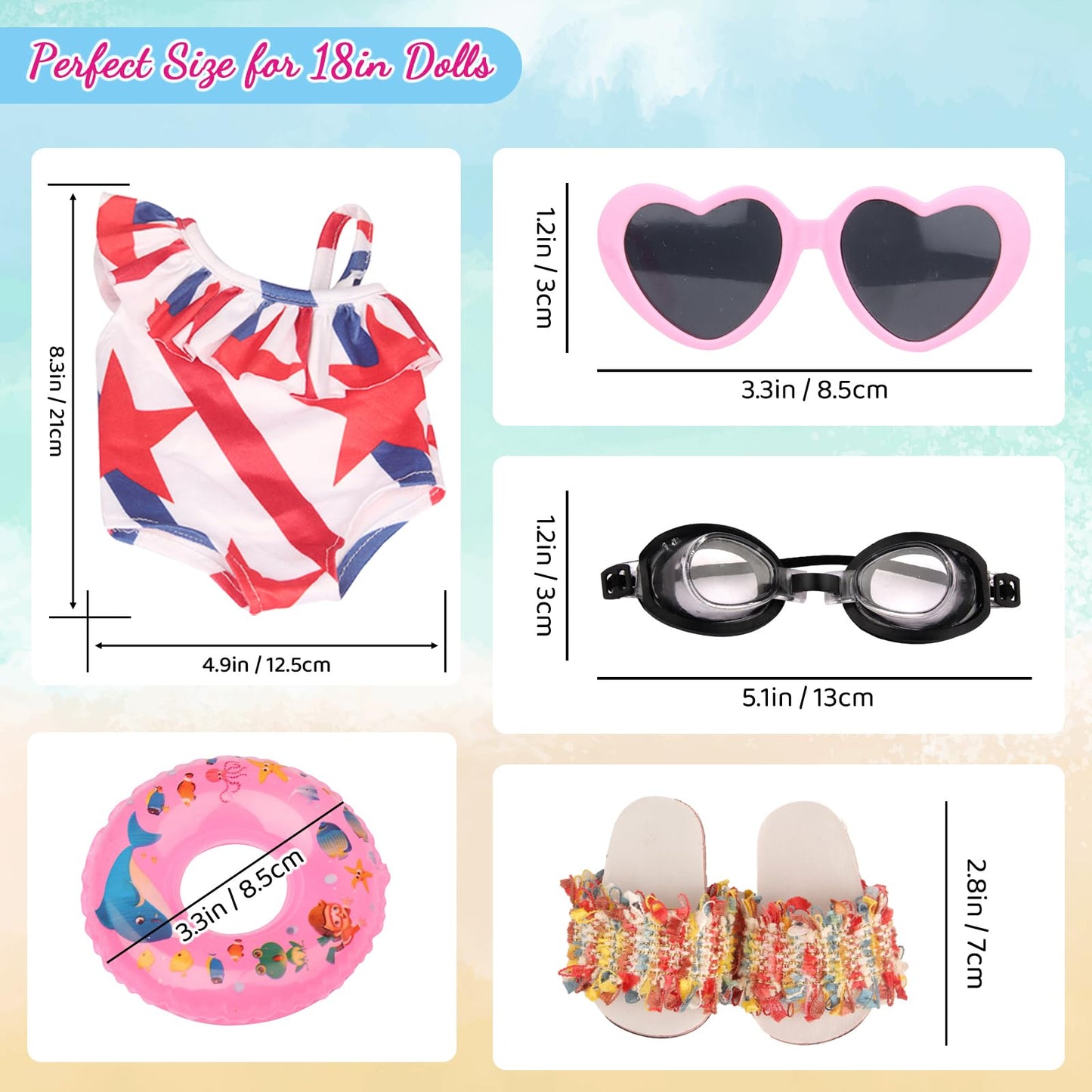 Msyo 18 Inch Doll Summer Outfits Set, Vibrant Doll Swimming Playset For American Doll Girls, Includes Doll Bikini Swimsuits, Heart-Shaped Sunglasses, Goggles, Sandals And Inflated Swimming Ring