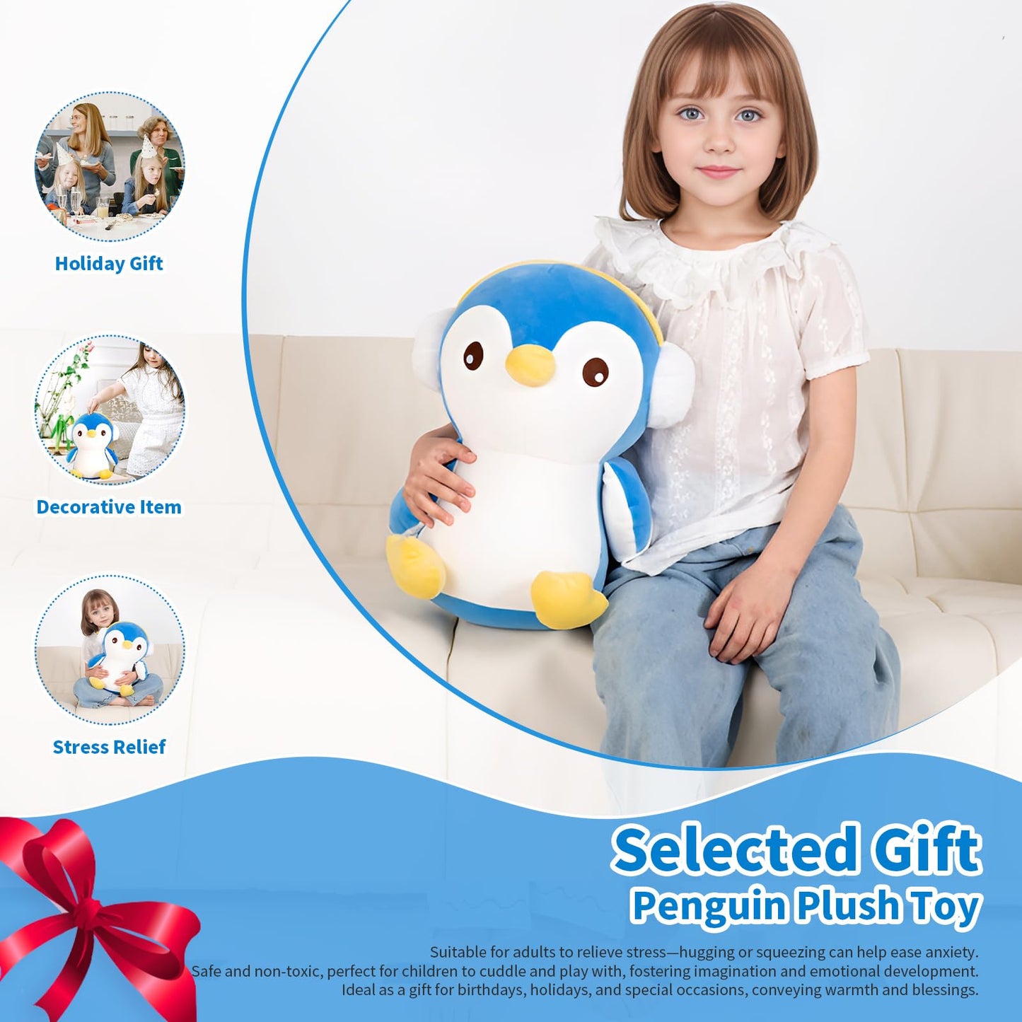 Mmguai 16'' Cute Big Penguin Blue Plush Cushions, Large Blue Penguin Plushies Toys,Stuffed Animals Penguins Gift For Girls, Boy,