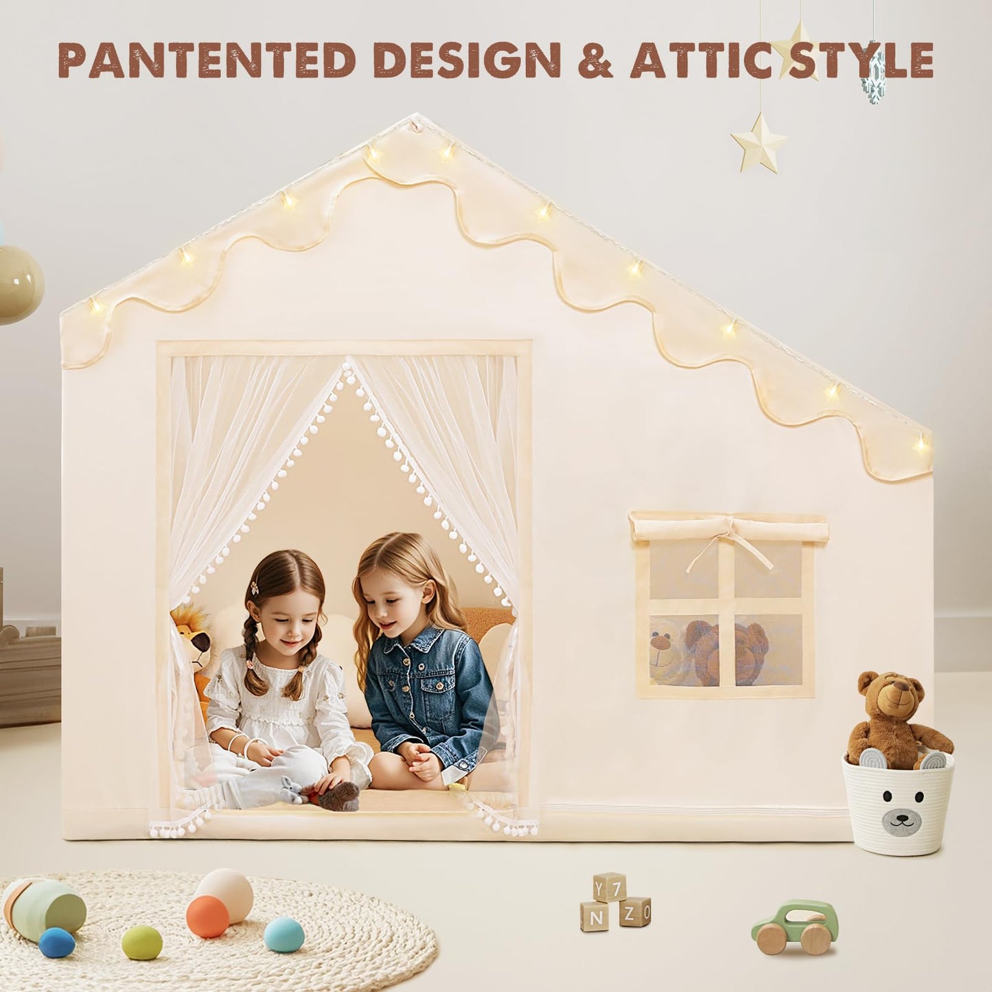 PIIKAGO Kids Play Tent with Mat - Kids Tent Indoor with Star Lights and Flags, Toddler Tent for Kids Ages 3-8, Toddler Playhouse