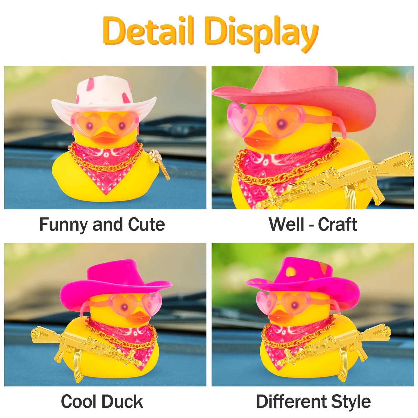 Wonuu Rubber Duck Yellow Duck Car Dashboard Decorations Car Ornaments For Cool Car Accessories With Cowboy Hat Necklace And Sunglasses, Pink Hat Love Glassess