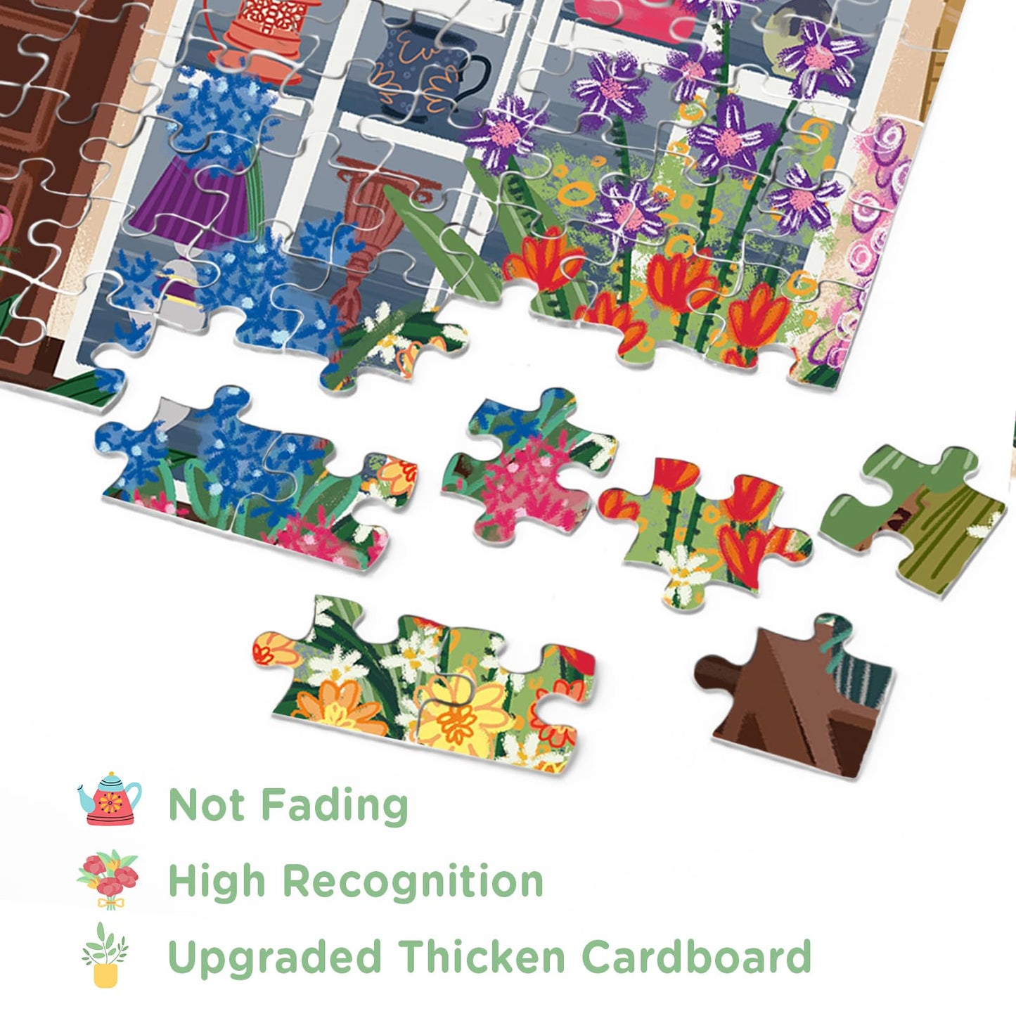 Flower Plant Puzzles 1000 Piece For Adults, Colorful Aesthetic Floral Art Jigsaw Puzzles, Cute Pretty Housepant Succulent Teacup Cat Puzzle