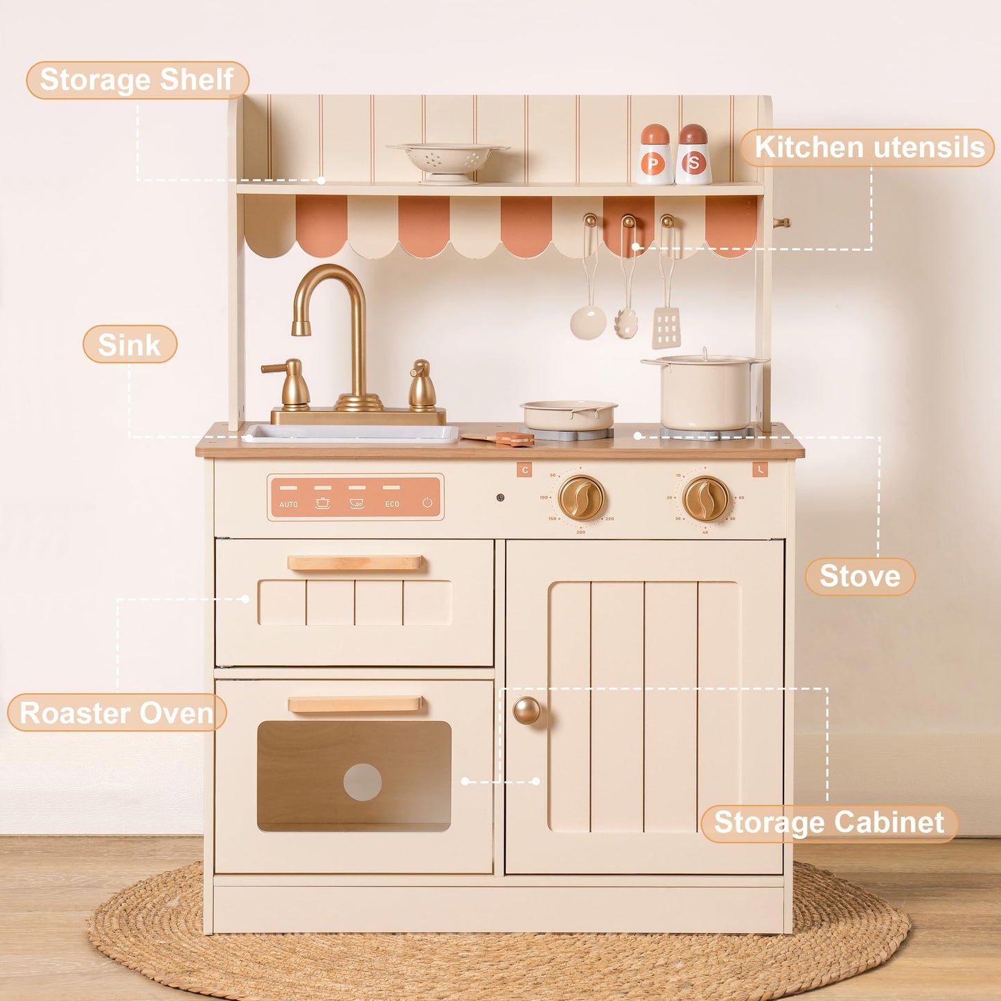 ROBOTIME Play Kitchen for Kids Toddlers, Wooden Pretend Play Kitchen Set Toy with Cutting Food Set, Toys Kitchen Gift for 3+ Yea