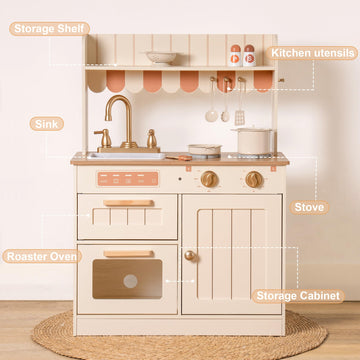 ROBUD Play Kitchen, Wooden Kids Kitchen Playset for Kids with Realistic Design, Sink, Oven, Stove, Cabinet, American Vintage Sty
