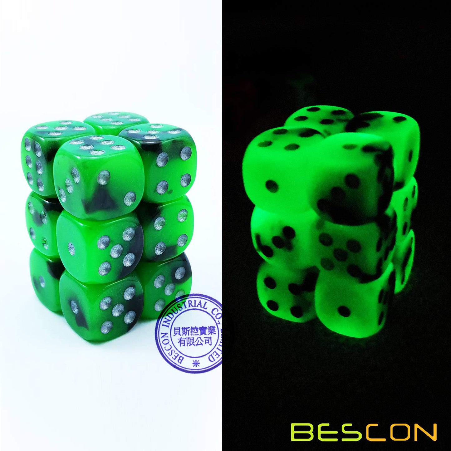 Bescon Two Tone Glowing Dice D6 16mm 12pcs Set Spooky Rocks, 16mm Six Sided Die (12) Block of Glowing Dice