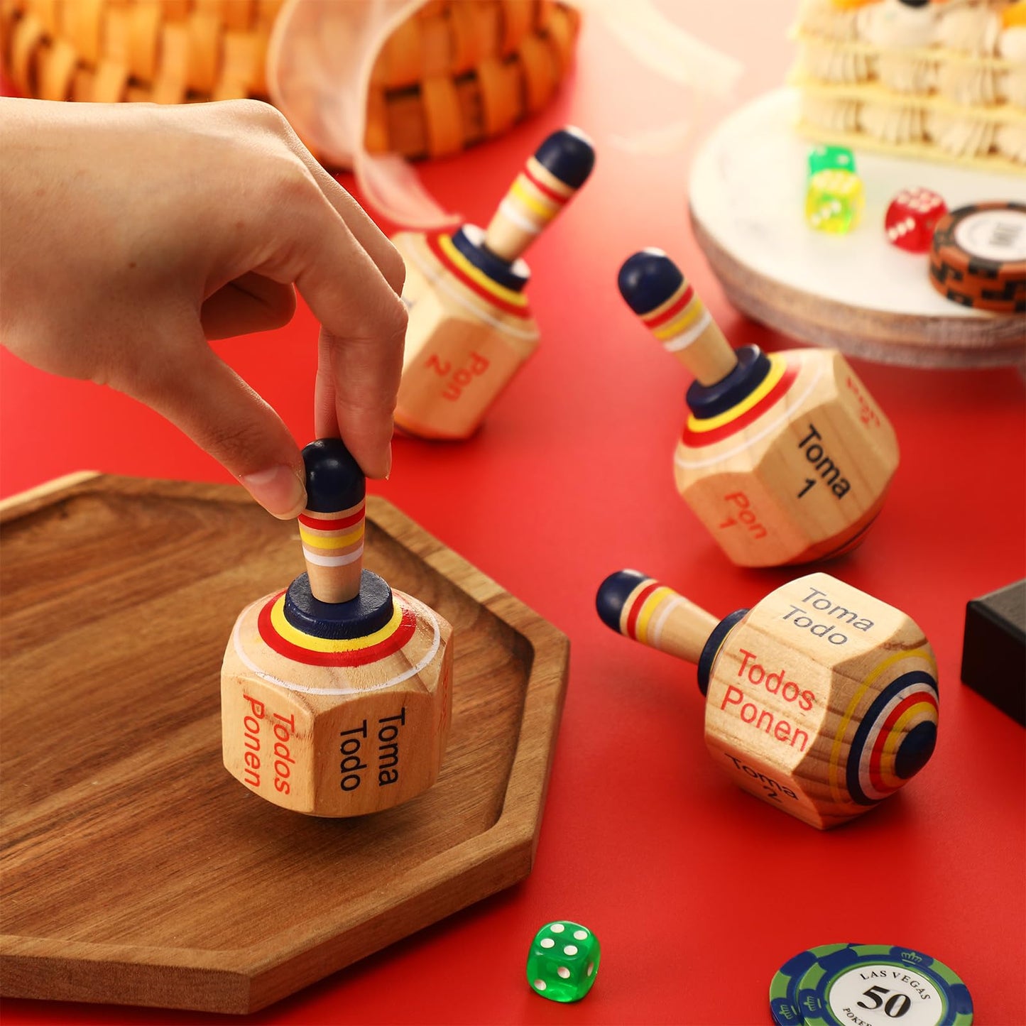 Poen 10 Pieces Large Wooden Toma Todo Bulk, 4.5 Inch Classic Mexican Wood Spinning Top Game For Kids And Adults, Pirinola Toma T