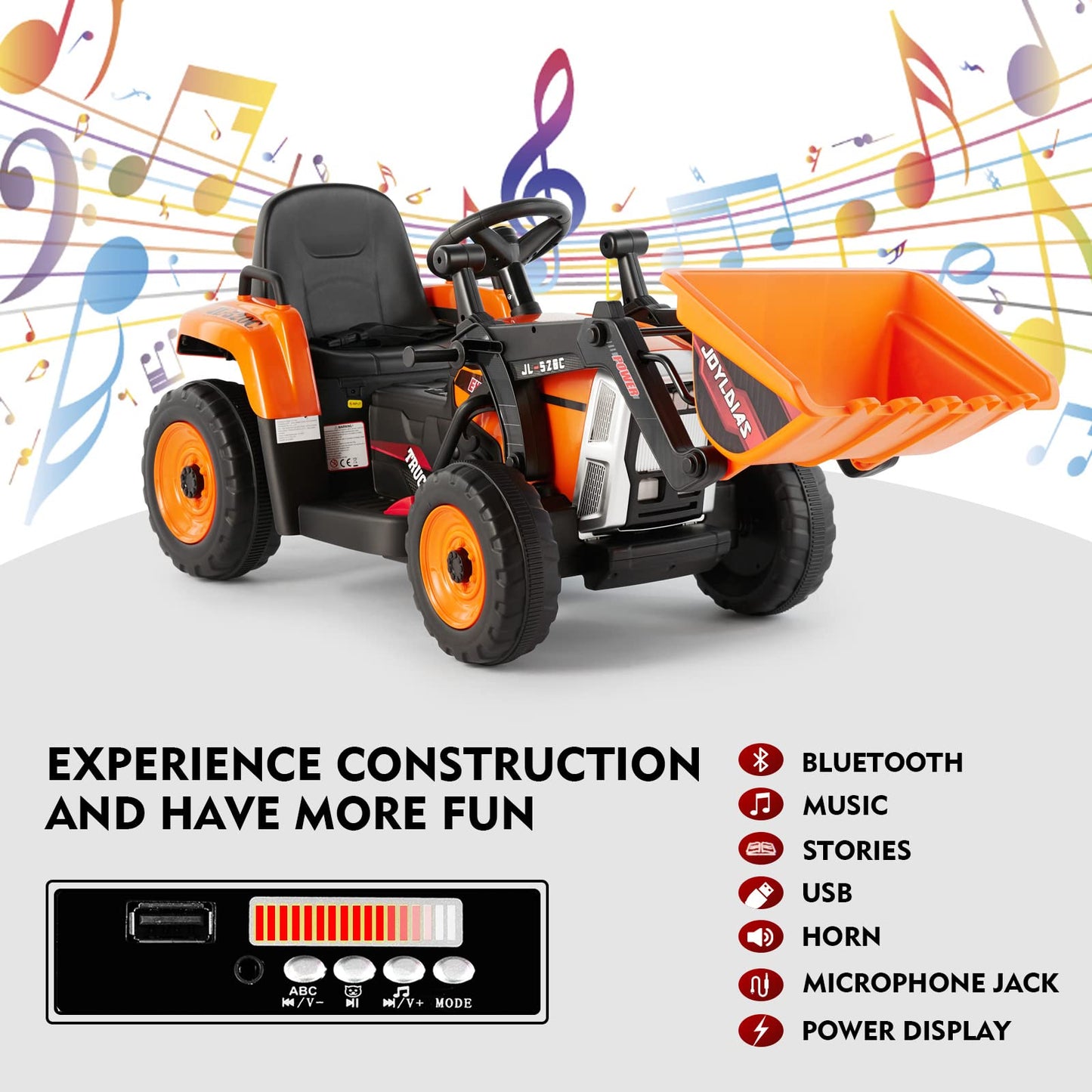 Joyldias 12V Ride On Excavator With 2.4Ghz Remote Control, Electric Construction Vehicle Bulldozer For Kids Digger With 3 Speeds, Bluetooth, Microphone Jack, Music, Lights, Orange