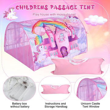 Wowangce Unicorn Bed Tent For Kids Large Kids Twin Tent Toddler Play Tent With Carry Bag Foldable Tent For Kids With String Ligh