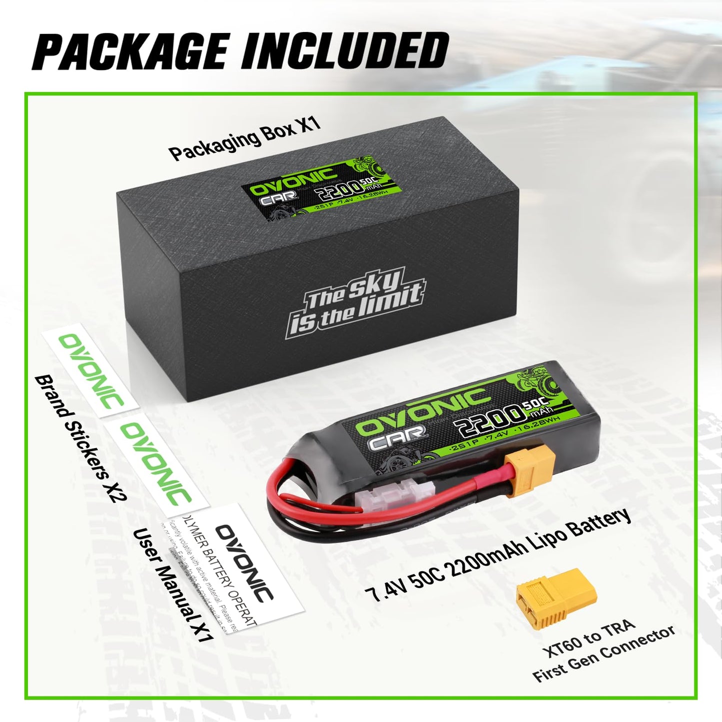 OVONIC 2s Lipo Battery 50C 2200mAh 7.4V Lipo Battery with XT60+TRX Connector for RC Car Truck Boat Airplane Helicopter Quadcopte