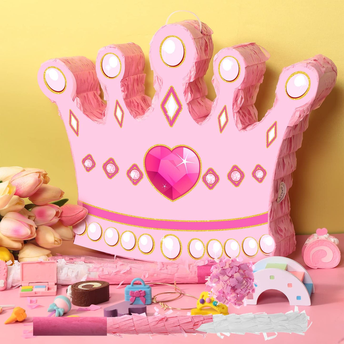 Princess Crown Piñata Bundle Girl Princess Party Piñata Set Include Pink Princess Crown Piñata Stick Blindfold Mask For Princess Theme Baby Shower Birthday Party Supplies Decor, 16.1 X 12.6 X 3 Inch