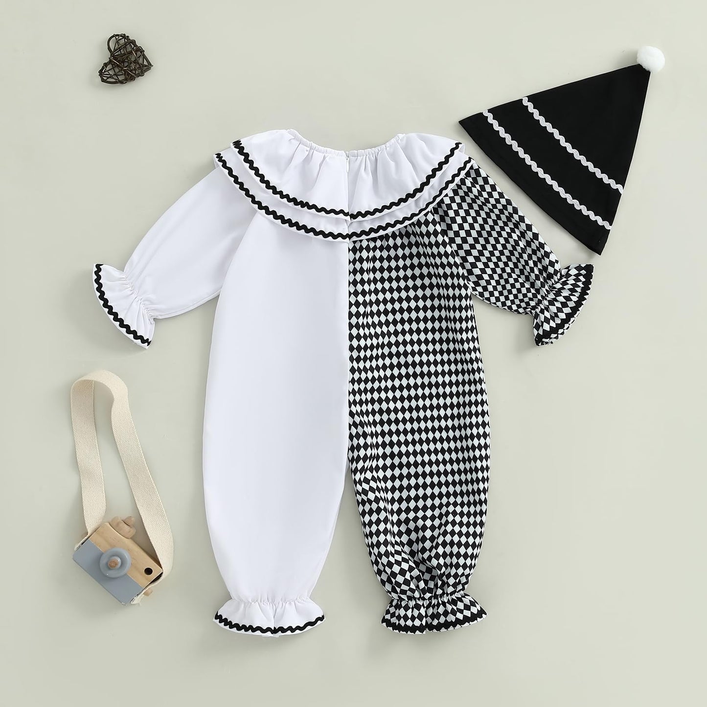 Aiwpstoin Toddler Baby Clown Costume Boy Girl Funny Halloween Outfit Contrast Color Long Sleeve Jumpsuit with Hat (White, 18-24