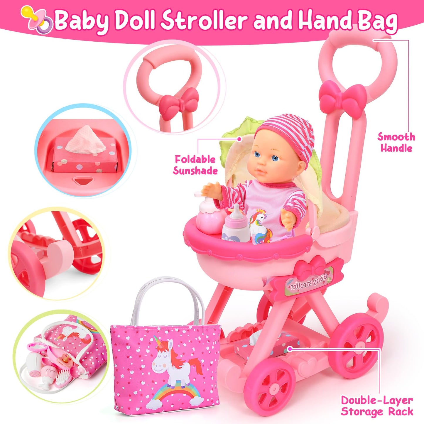 Golray Girl Baby Doll Stroller Toy Set With 12' Baby Doll & 17Pcs Baby Doll Accessories Handbag/Clothes/Sunshade/Feeding Nursery Pretend Play Toy Birthday Gift For Toddler Girls 3 4 5 6 7 Years Old