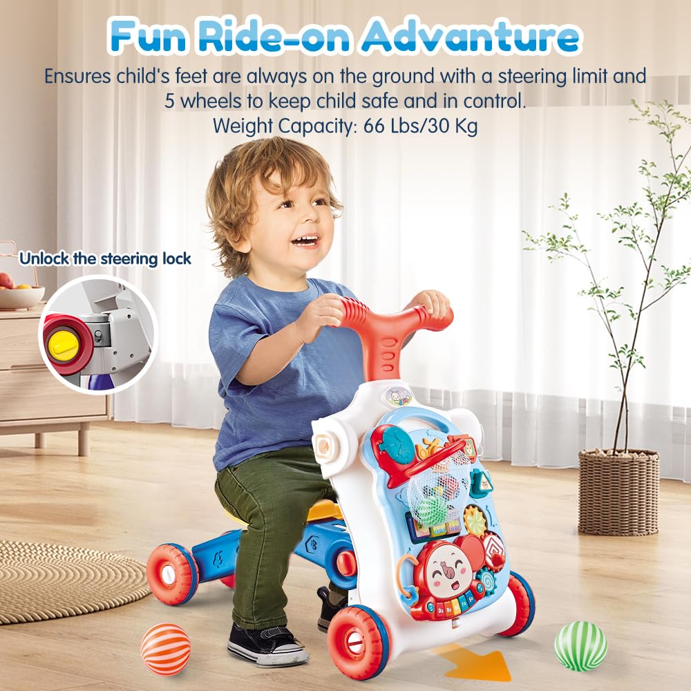 Baby Walker 5 In 1,Vatos Sit-To-Stand Learning Walker,Assemble As Scooter/Balance Bike/Push Walker/Activity Table/Detachable Panel,Push Walkers Toys With Music For Toddlers Infant Boys Girls