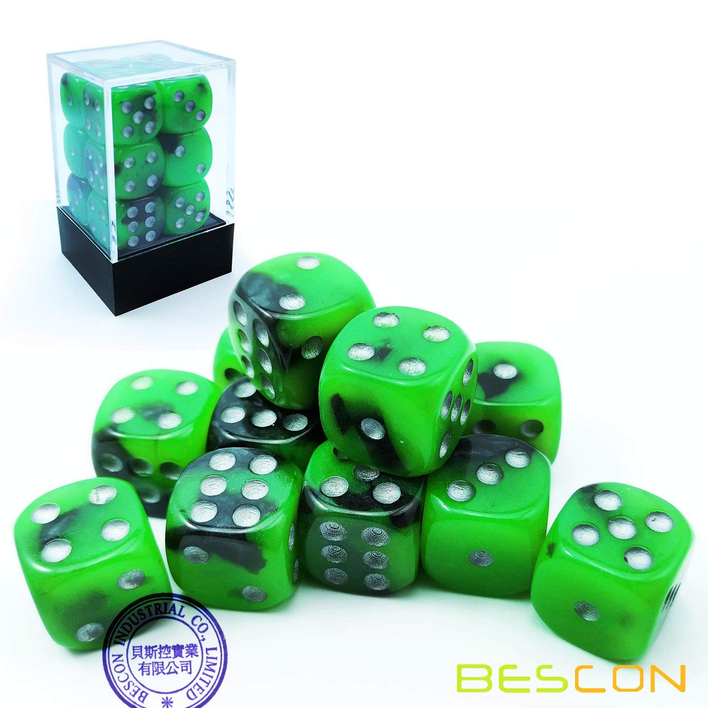 Bescon Two Tone Glowing Dice D6 16mm 12pcs Set Spooky Rocks, 16mm Six Sided Die (12) Block of Glowing Dice