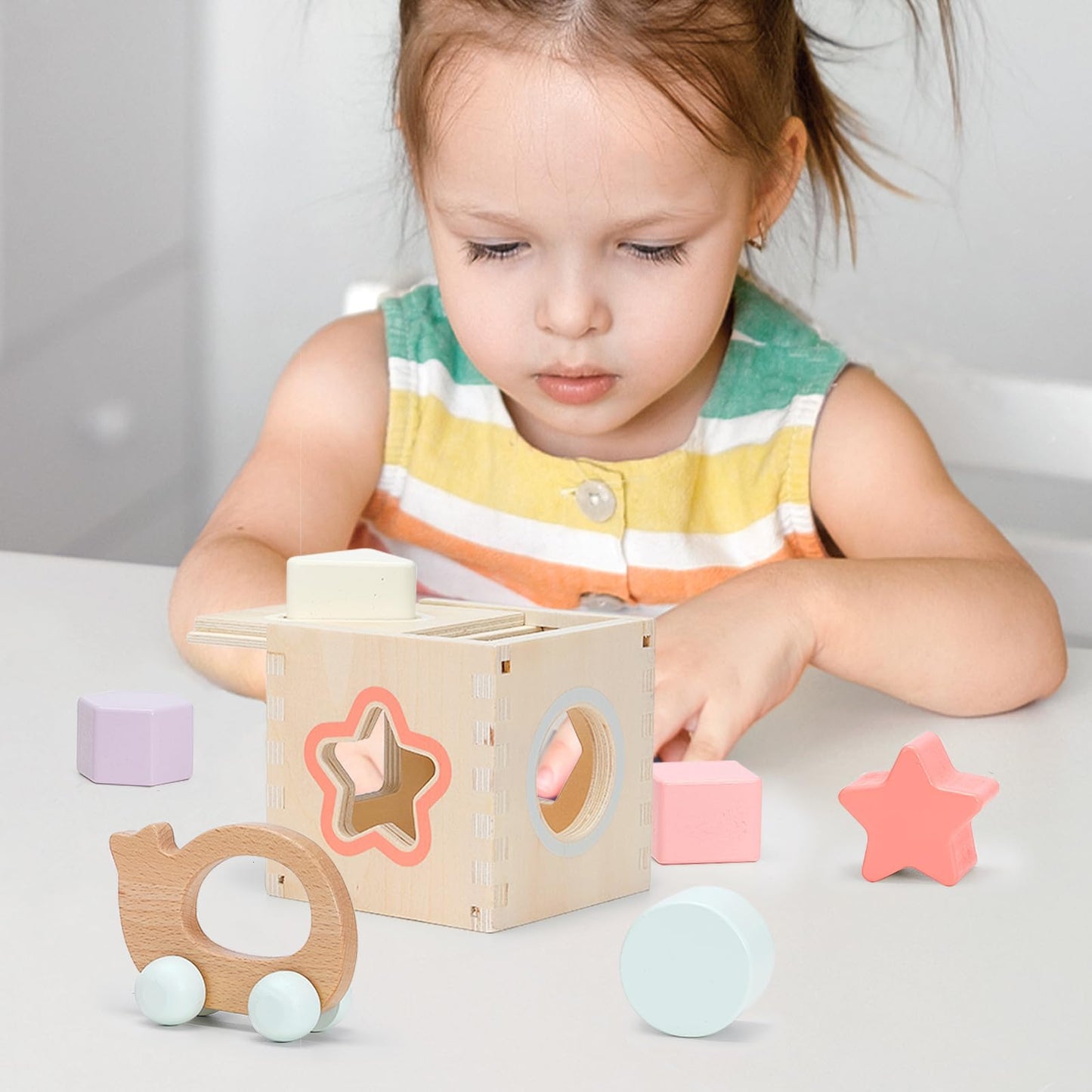 Pillowhale 4-In-1 Wooden Toddler Toys For 1 Year Old, Wooden Stacking Rings Tower, Shape Sorter Box, Bead Maze, Wood Baby Push Car, Wooden Stacking Toys For Boys Girls 12M+