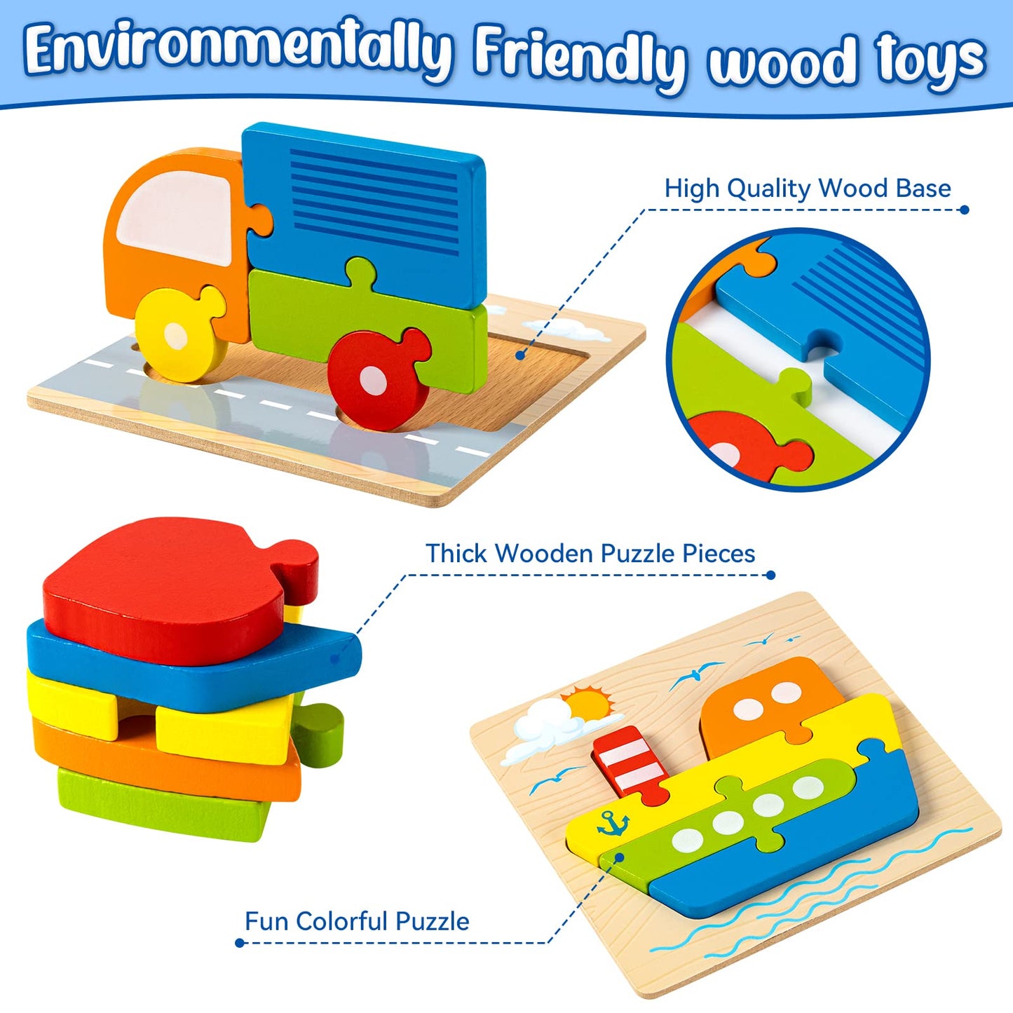 Wooden Vehicle Puzzles Toy Gift For 1, 2, 3 Years Old Boys Girls, Toddler Best Birthday Gift With 6 Vehicle Baby Montessori Colo