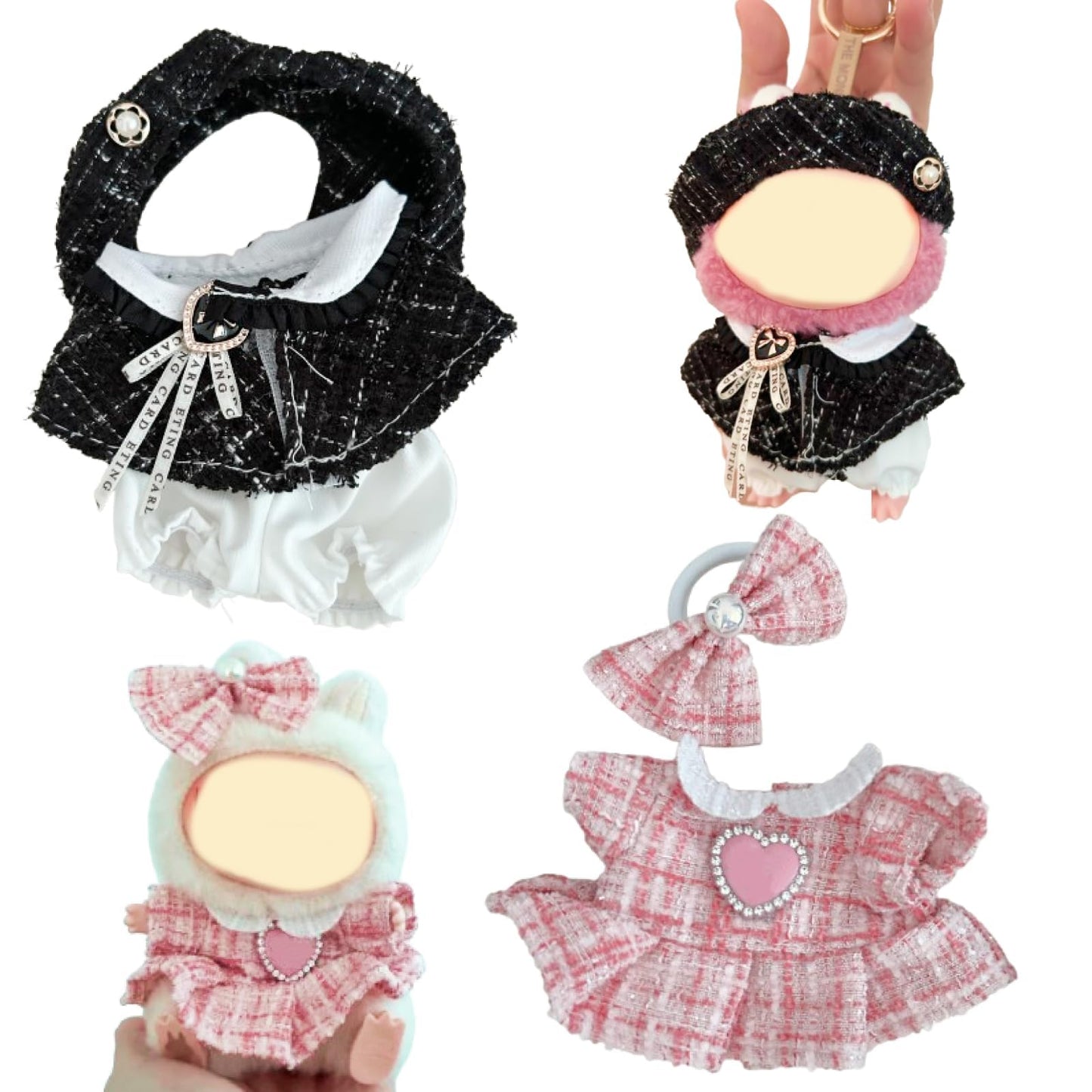 2Pcs-Clothes for Labubu acessories Handcrafted 17cm for Labubu Clothes Set enhanced Fashion for Doll Outfit with Accessories Fashions Stylish elegant Chic Doll Clothes Set Style Set(Black&Pink)