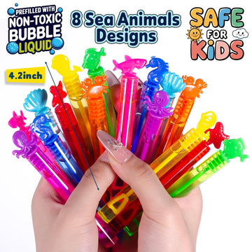 Vkten 24 Pack Bubble Party Favors For Kids, 8 Styles 8 Colors Ocean-Themed Mini Bubble Wands Birthday Summer Beach Pool Toys, Go