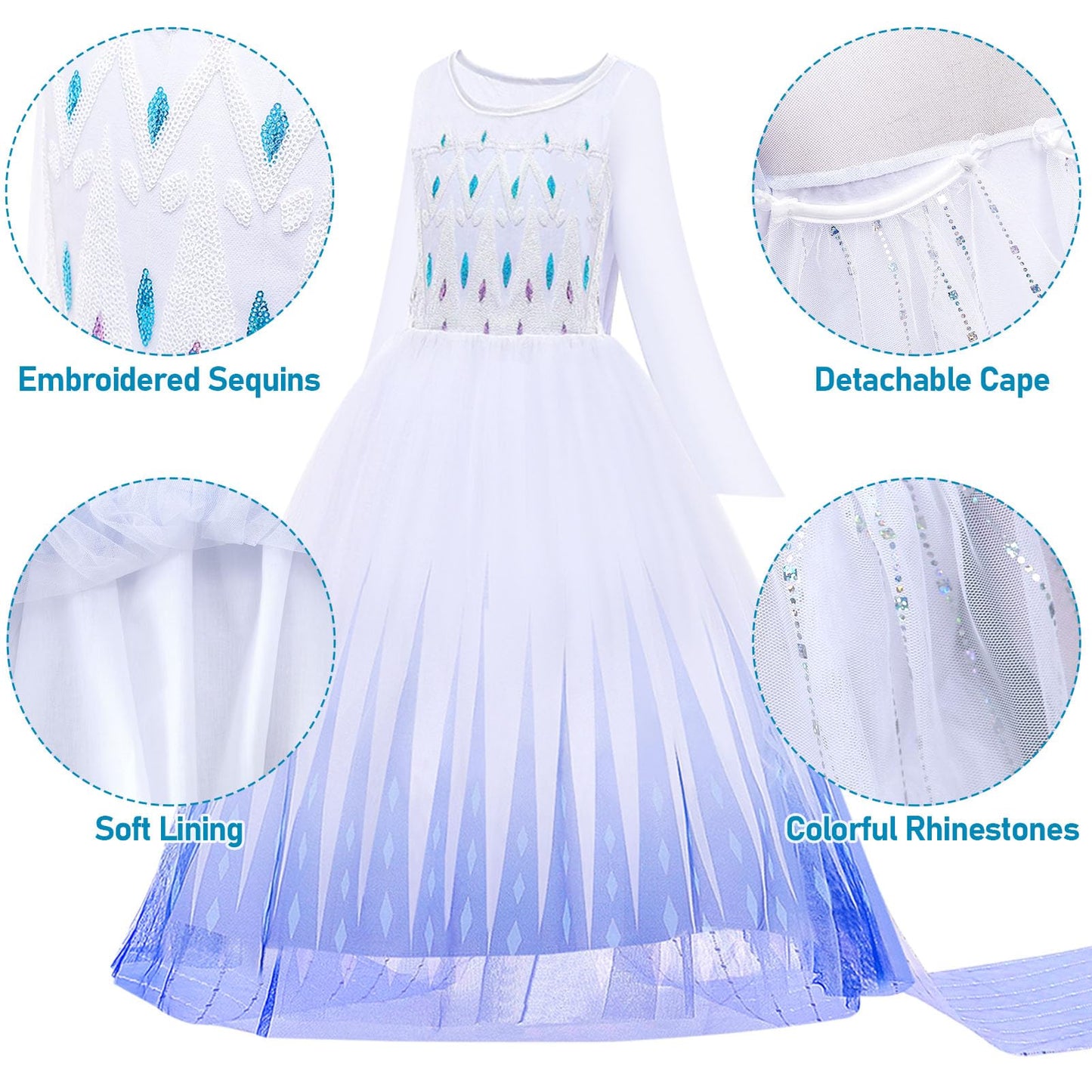 G.C Elsa Dress Costume For Girls Toddler Princess Dress Up Clothes With Cape Crown Wig Gloves Wand Necklace Accessories Toys Hal