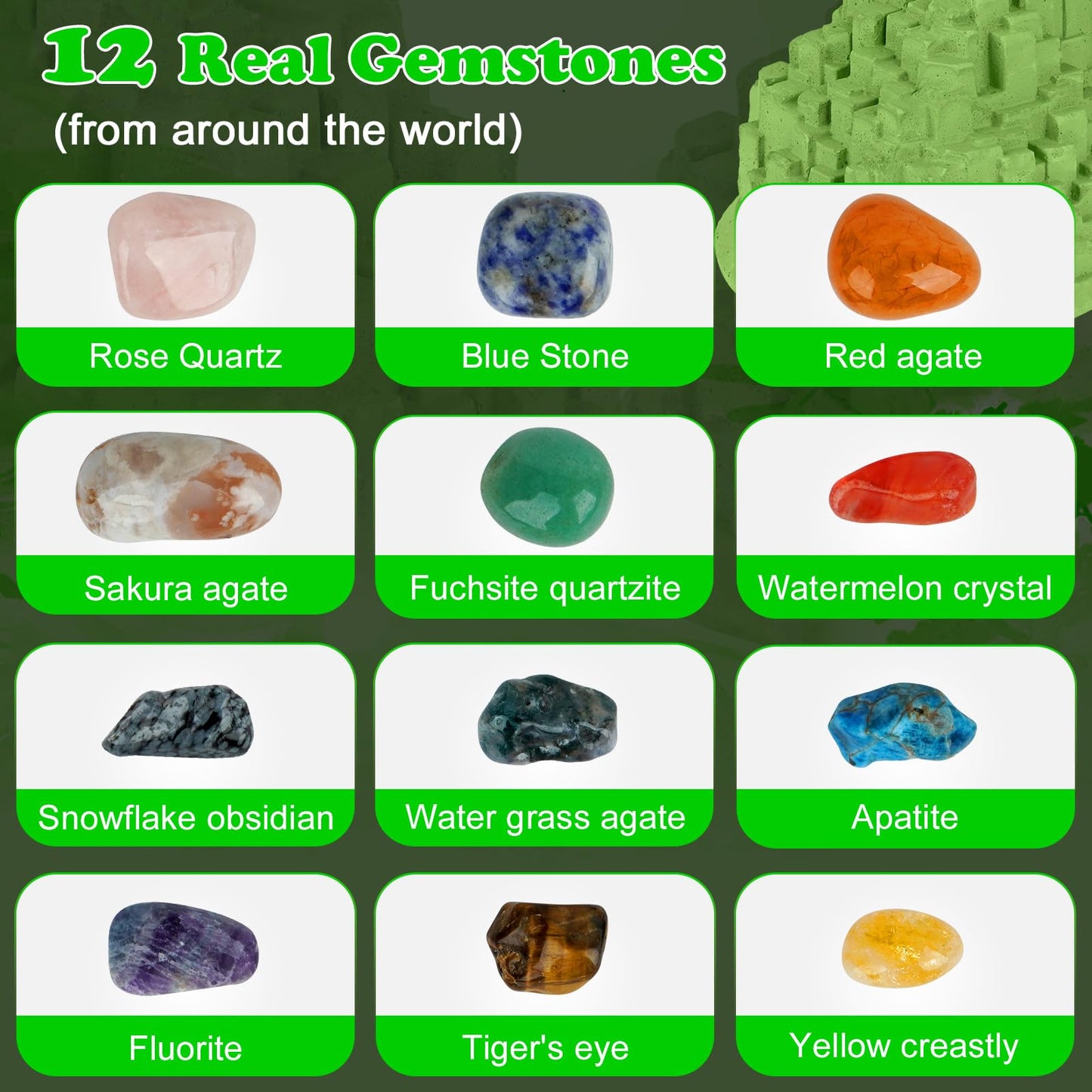 Gemstone Dig Kit (Unique Shape),Great STEM Science Kit for Kids- Excavate Your Own 12 Real Gemstones,Educational DIY Toys,Gem Di