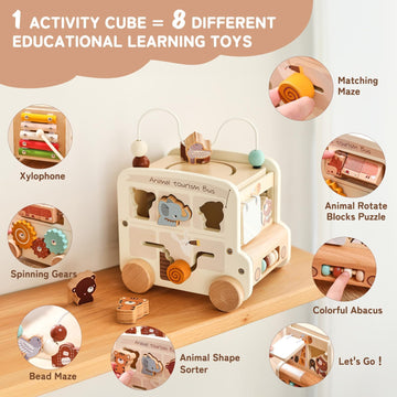 Wooden Activity Cube 8-In-1 Montessori Toys | Multifunctional Early Educational Learning Toys | Activity Cube For Baby Shape Sor