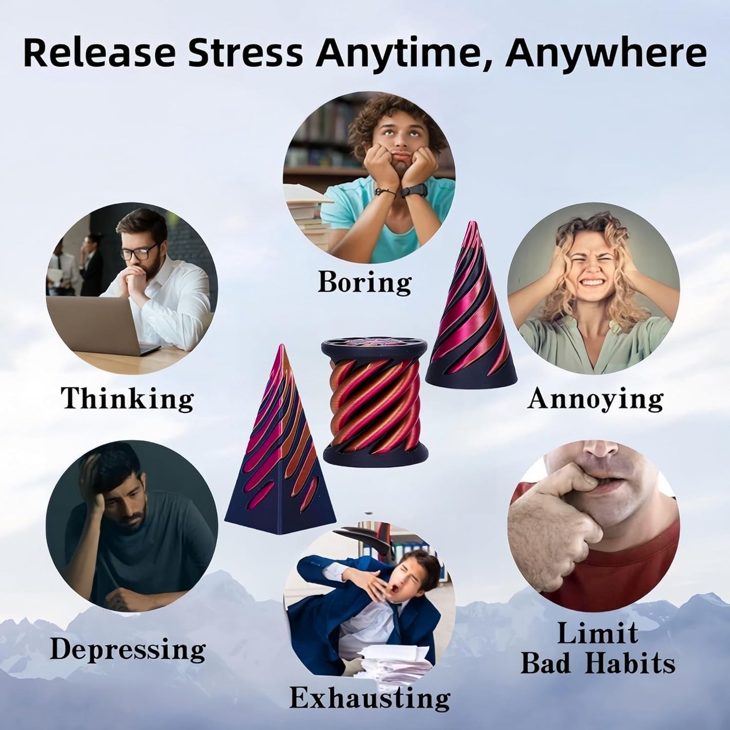 Timchess 3Pcs Impossible Cone, Spiral Cone Fidget Toy, Impossible Pyramid Passthrough 3D Printed Fidget Toys Adults, Spiral Illu