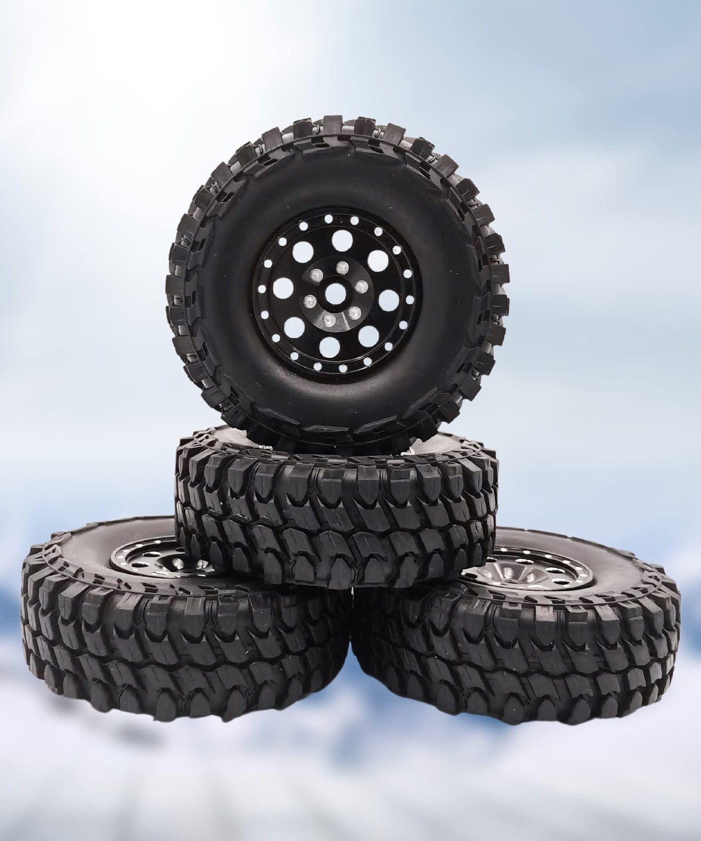 HOPLEX Beadlock Wheels and Tires 4Pcs Metal Micro Crawler Tires with Red 7mm RC Wheel Hex Hub Spacer for Axial SCX24 90081 1/24
