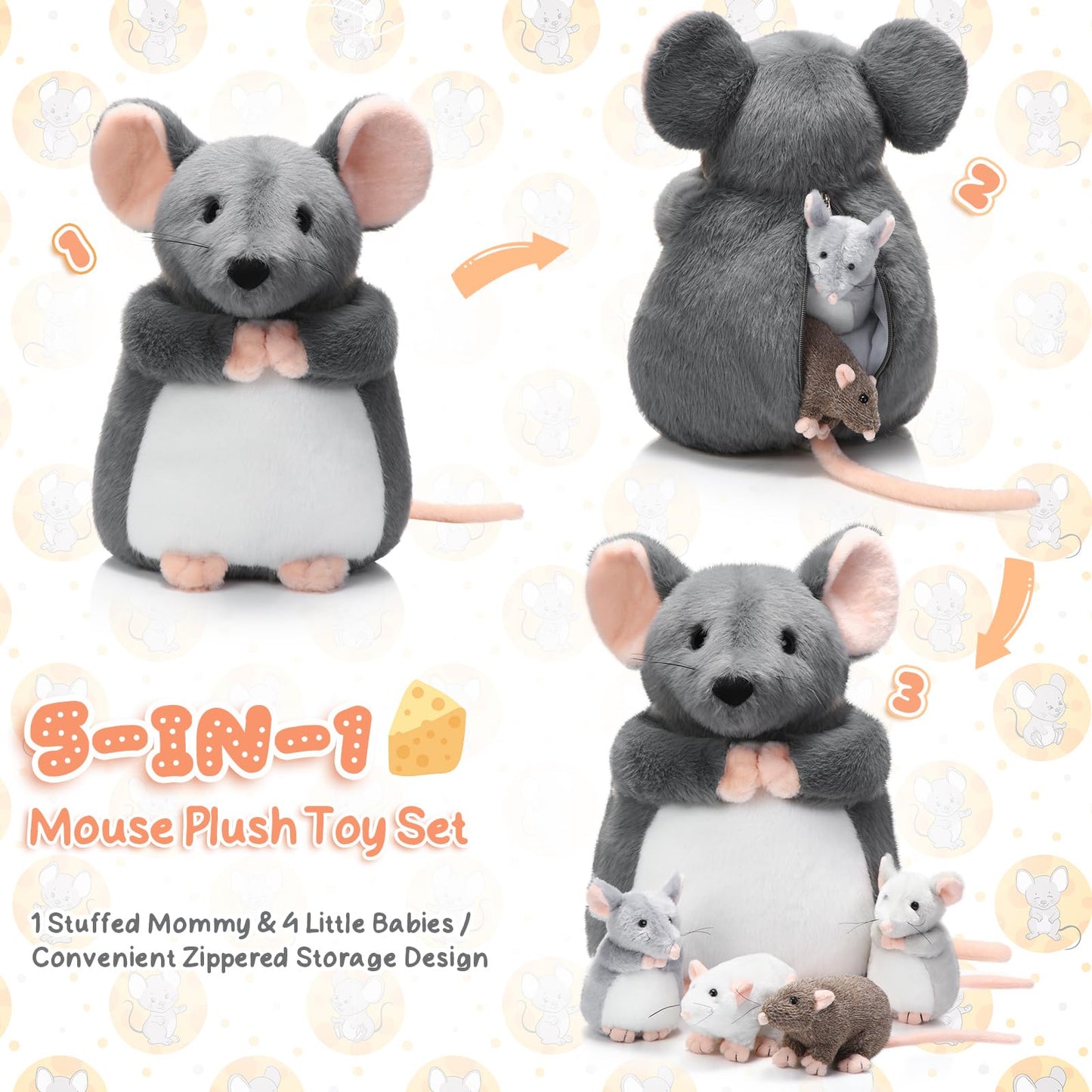Arrowbash 5 Pcs Mouse Stuffed Animals Set 14'' Large Mommy Rat Plush With 4 Small Mouse Babies In Her Zippered Tummy Stuffed Rat