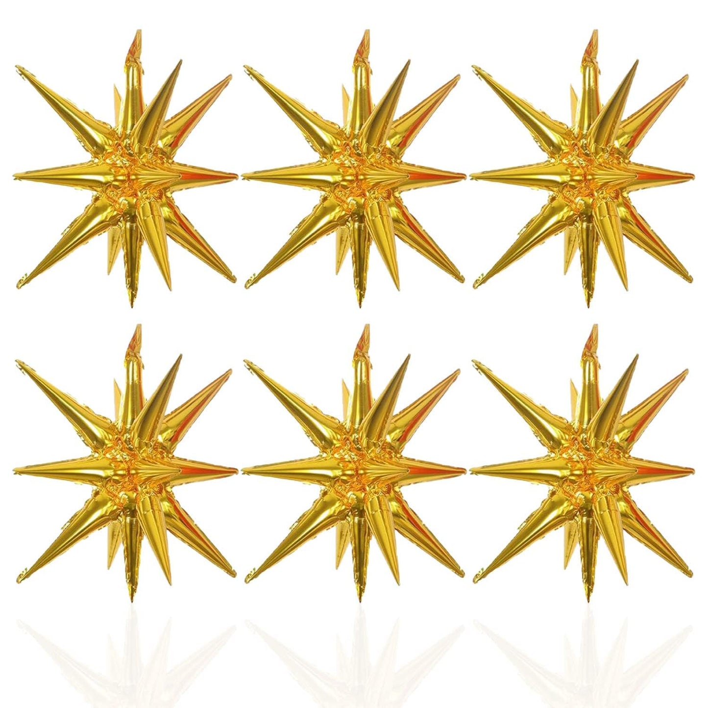 6 Pcs Gold Star Foil Balloons One-Piece 14-Pointed Star Balloons 4D Starburst Cone Mylar Balloons 22Inch Christmas Birthday Wedd