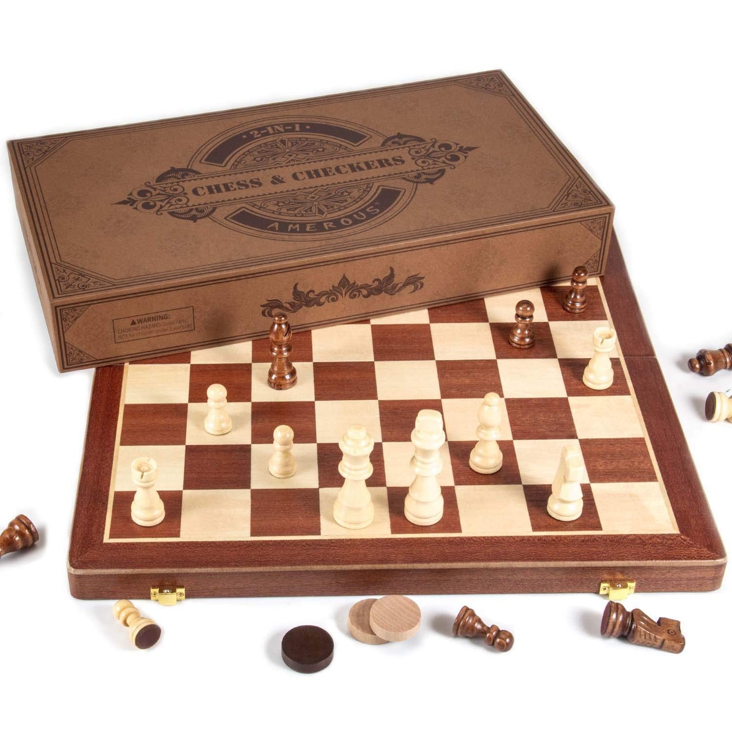 Amerous 15 Inches Magnetic Wooden Chess & Checkers Set (2 In 1) - Folding Board -Gift Box Packed -24 Cherkers Pieces -2 Extra Queens, Beginner Chess Set For Kids And Adults
