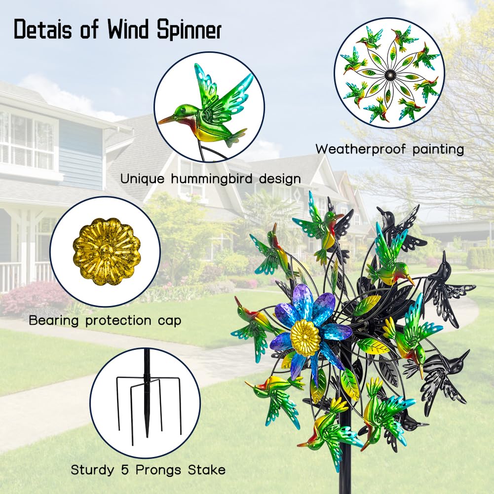Venniy Hummingbird Wind Spinner, Metal Outdoor Wind Sculptures & Spinners, 68.5 Inch Double Windmill Spinner For Yard Lawn Garde