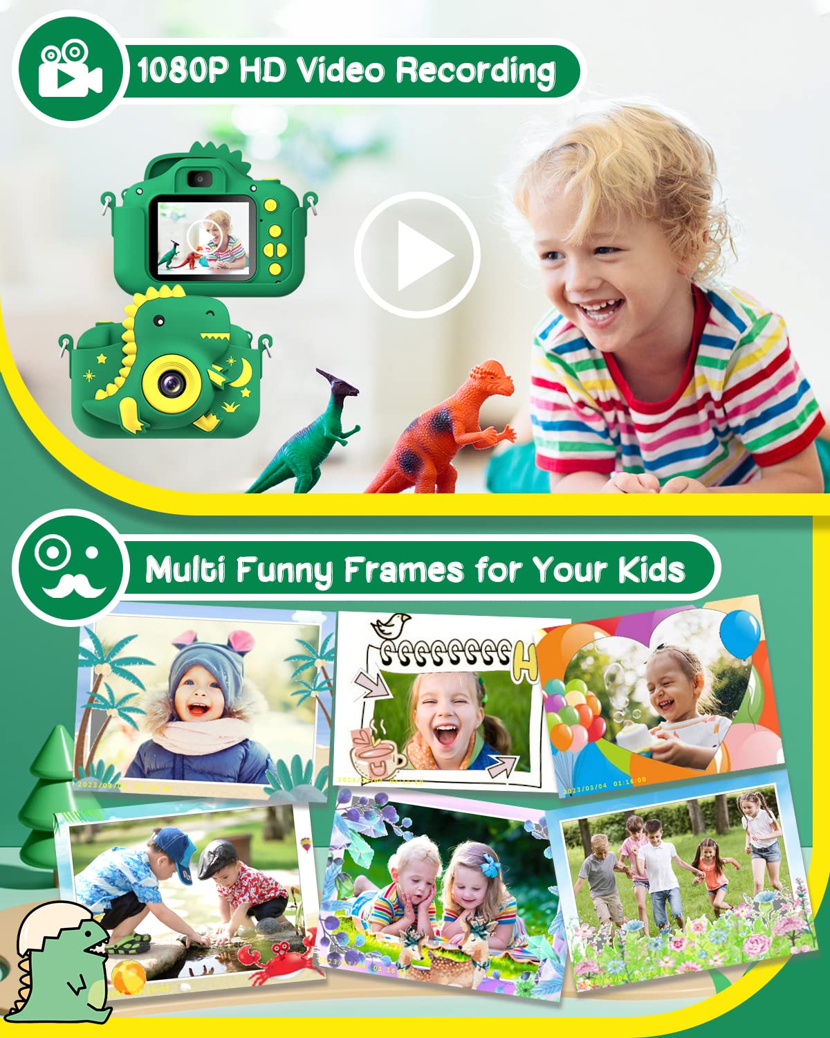 GREENKINDER Kids Dinosaur Digital Camera, 1080P HD, Compact Green, Ages 3-12, Perfect Christmas/Birthday Gift for Boys & Girls