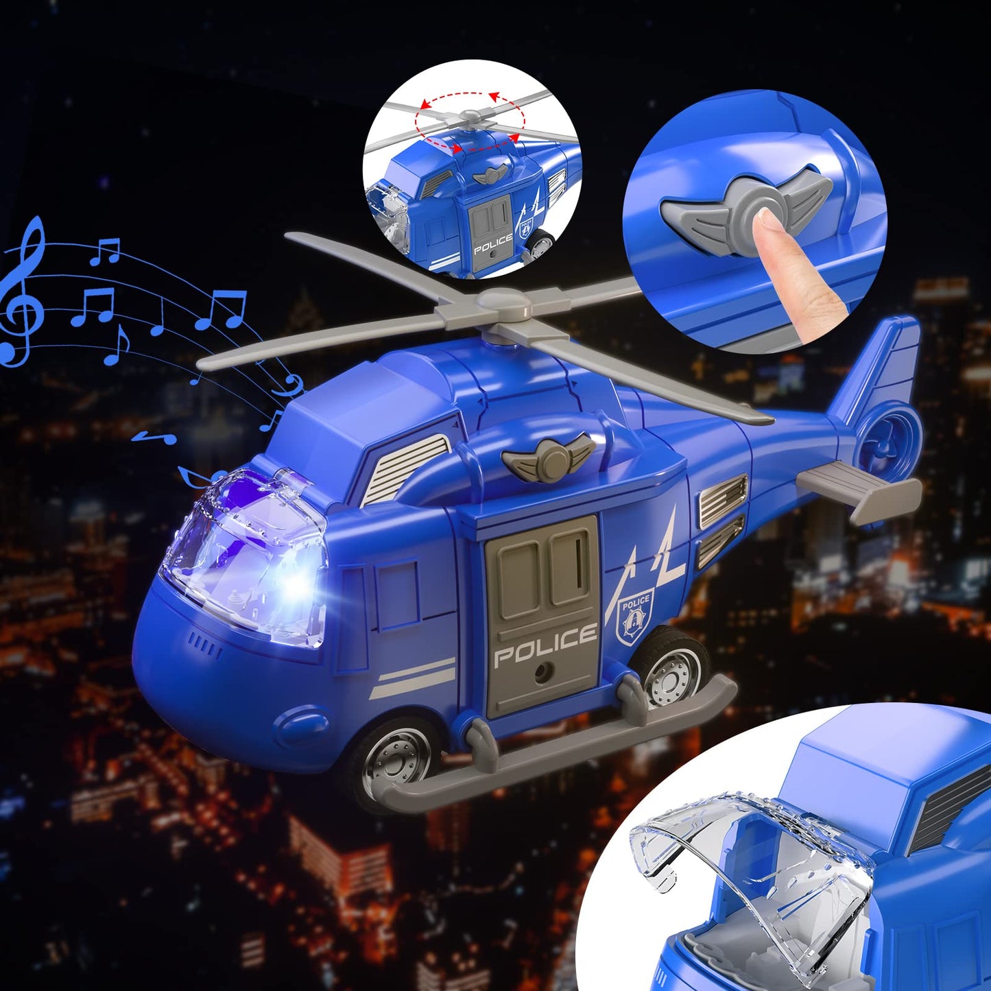 TEMI 4 Pack Emergency Vehicles for Kids, Helicopter, Police Car, Fire Truck, Ambulance Friction Powered Toys for Toddlers, Gifts
