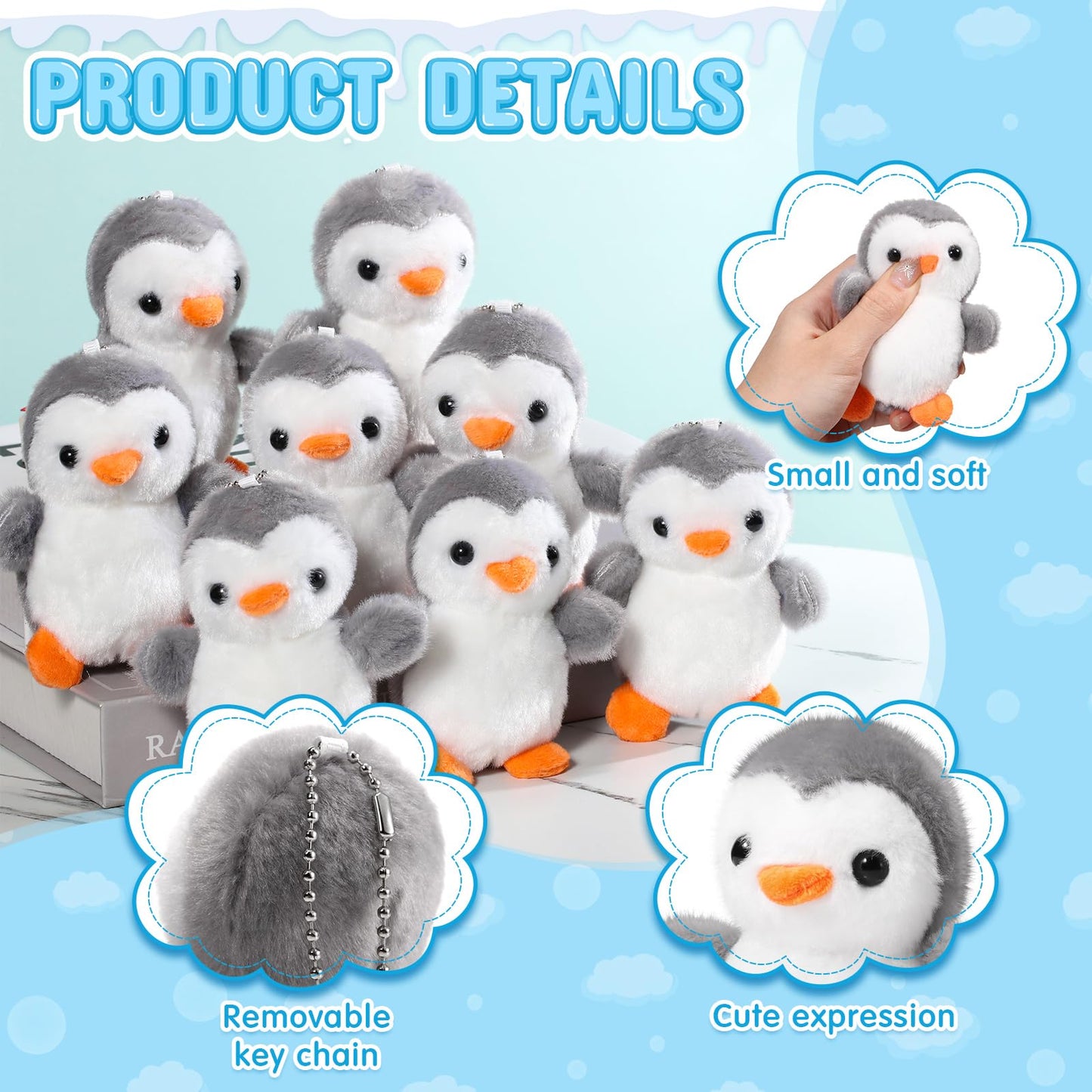 Skylety 8 Pcs Penguin Plush Keychain 4 Inch Stuffed Animal Bulk Small Hanging Stuffed Penguin Doll Mini Soft Companions Gift Present Party Favors For Kid Birthday Decoration(Grey)