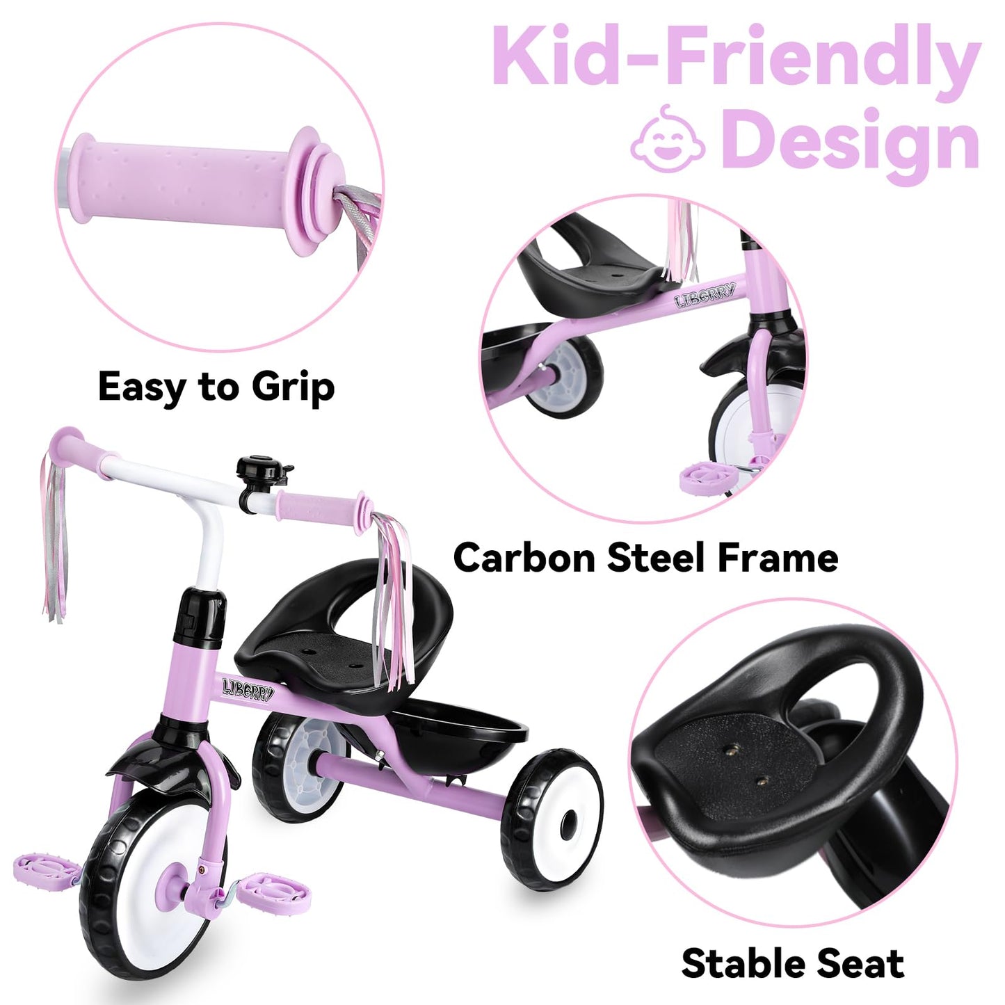 Liberry Toddler Tricycle Age 2 3 4 Years Old, Kids Trike with Bell, Back Basket and Removable Pedal, 3 Wheel Bike Riding Toy Gif
