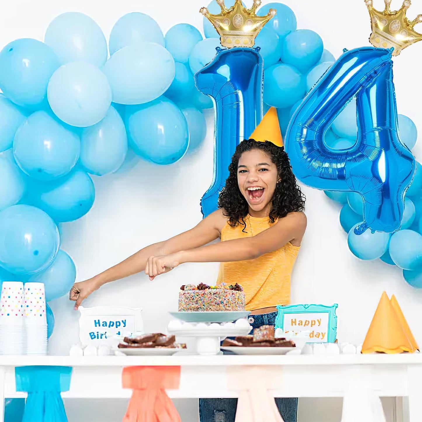 14 Number Balloon Blue 40 Inch Big Foil Crown Helium 14Th Balloons For 14 Year Old Boy Girl Birthday Party Decorations Wedding A